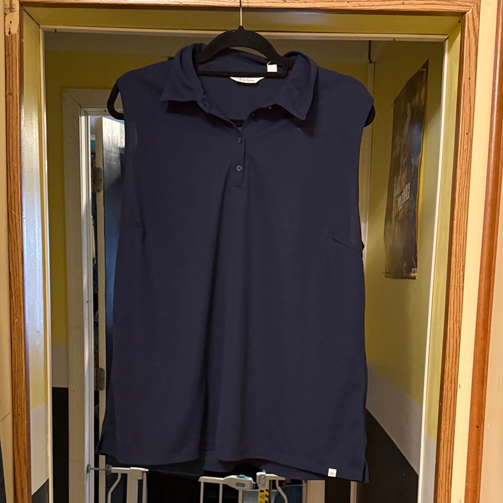 Lady Hagen Navy Sleeveless Button Down Shirt